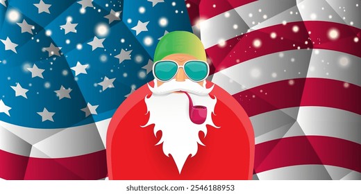 vector cool rock n roll santa claus with smoking pipe, santa beard and funky hat stands in front of american flag with snowflakes. Horizontal USA AMERICAN patriot Christmas hipster party poster design