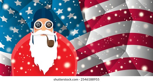 vector cool rock n roll santa claus with smoking pipe, santa beard and funky hat stands in front of american flag with snowflakes. Horizontal USA AMERICAN patriot Christmas hipster party poster design