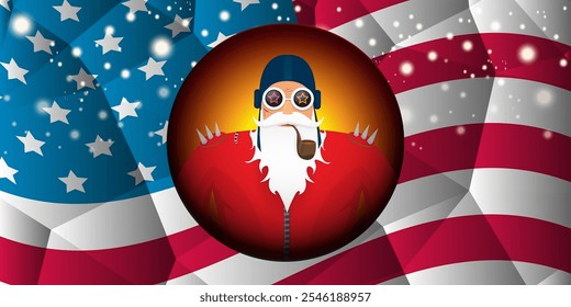 vector cool rock n roll santa claus with smoking pipe, santa beard and funky hat stands in front of american flag with snowflakes. Horizontal USA AMERICAN patriot Christmas hipster party poster design