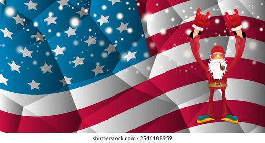 vector cool rock n roll santa claus with smoking pipe, santa beard and funky hat stands in front of american flag with snowflakes. Horizontal USA AMERICAN patriot Christmas hipster party poster design