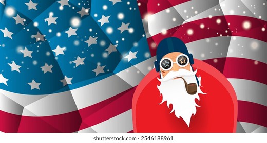 vector cool rock n roll santa claus with smoking pipe, santa beard and funky hat stands in front of american flag with snowflakes. Horizontal USA AMERICAN patriot Christmas hipster party poster design