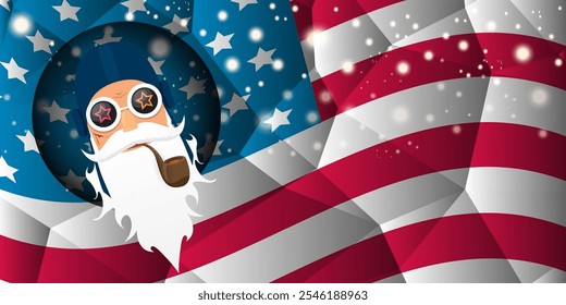 vector cool rock n roll santa claus with smoking pipe, santa beard and funky hat stands in front of american flag with snowflakes. Horizontal USA AMERICAN patriot Christmas hipster party poster design