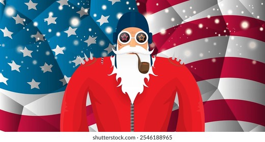 vector cool rock n roll santa claus with smoking pipe, santa beard and funky hat stands in front of american flag with snowflakes. Horizontal USA AMERICAN patriot Christmas hipster party poster design