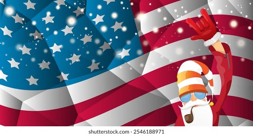 vector cool rock n roll santa claus with smoking pipe, santa beard and funky hat stands in front of american flag with snowflakes. Horizontal USA AMERICAN patriot Christmas hipster party poster design