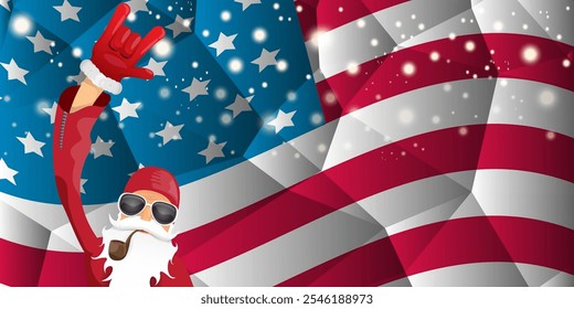 vector cool rock n roll santa claus with smoking pipe, santa beard and funky hat stands in front of american flag with snowflakes. Horizontal USA AMERICAN patriot Christmas hipster party poster design