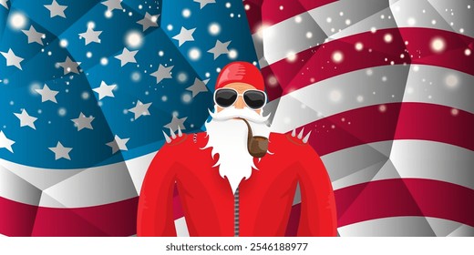 vector cool rock n roll santa claus with smoking pipe, santa beard and funky hat stands in front of american flag with snowflakes. Horizontal USA AMERICAN patriot Christmas hipster party poster design