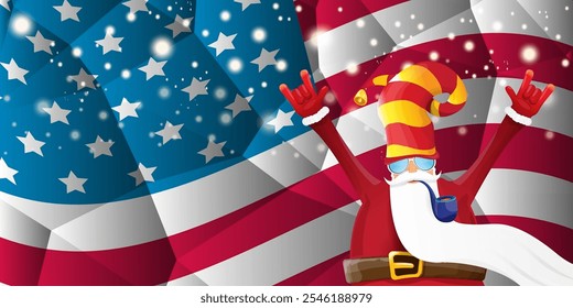 vector cool rock n roll santa claus with smoking pipe, santa beard and funky hat stands in front of american flag with snowflakes. Horizontal USA AMERICAN patriot Christmas hipster party poster design