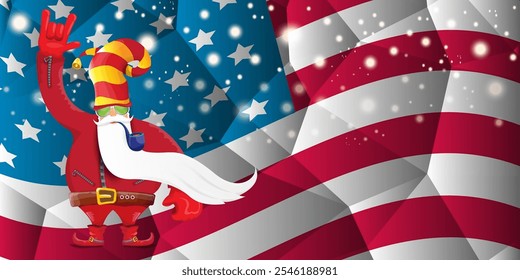 vector cool rock n roll santa claus with smoking pipe, santa beard and funky hat stands in front of american flag with snowflakes. Horizontal USA AMERICAN patriot Christmas hipster party poster design