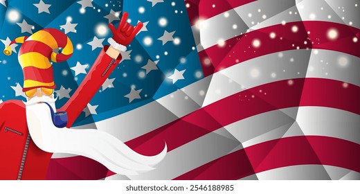 vector cool rock n roll santa claus with smoking pipe, santa beard and funky hat stands in front of american flag with snowflakes. Horizontal USA AMERICAN patriot Christmas hipster party poster design