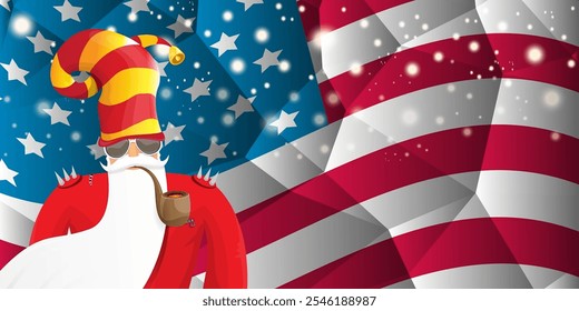 vector cool rock n roll santa claus with smoking pipe, santa beard and funky hat stands in front of american flag with snowflakes. Horizontal USA AMERICAN patriot Christmas hipster party poster design