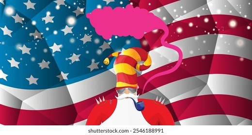 vector cool rock n roll santa claus with smoking pipe, santa beard and funky hat stands in front of american flag with snowflakes. Horizontal USA AMERICAN patriot Christmas hipster party poster design