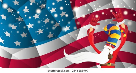 vector cool rock n roll santa claus with smoking pipe, santa beard and funky hat stands in front of american flag with snowflakes. Horizontal USA AMERICAN patriot Christmas hipster party poster design