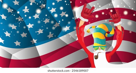 vector cool rock n roll santa claus with smoking pipe, santa beard and funky hat stands in front of american flag with snowflakes. Horizontal USA AMERICAN patriot Christmas hipster party poster design