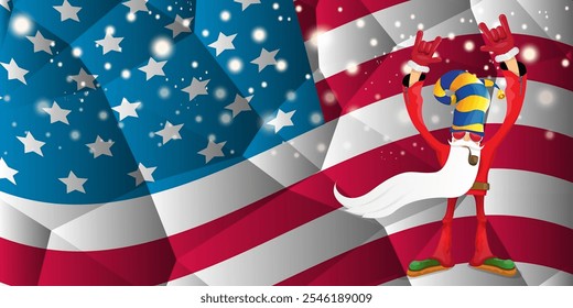 vector cool rock n roll santa claus with smoking pipe, santa beard and funky hat stands in front of american flag with snowflakes. Horizontal USA AMERICAN patriot Christmas hipster party poster design