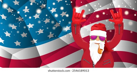 vector cool rock n roll santa claus with smoking pipe, santa beard and funky hat stands in front of american flag with snowflakes. Horizontal USA AMERICAN patriot Christmas hipster party poster design