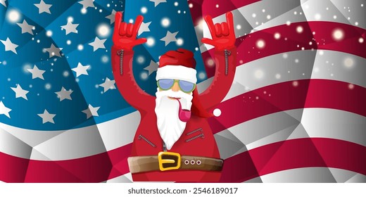 vector cool rock n roll santa claus with smoking pipe, santa beard and funky hat stands in front of american flag with snowflakes. Horizontal USA AMERICAN patriot Christmas hipster party poster design