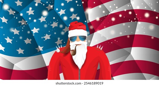 vector cool rock n roll santa claus with smoking pipe, santa beard and funky hat stands in front of american flag with snowflakes. Horizontal USA AMERICAN patriot Christmas hipster party poster design