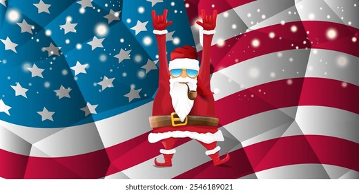 vector cool rock n roll santa claus with smoking pipe, santa beard and funky hat stands in front of american flag with snowflakes. Horizontal USA AMERICAN patriot Christmas hipster party poster design