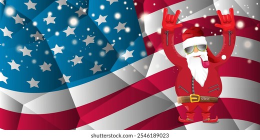 vector cool rock n roll santa claus with smoking pipe, santa beard and funky hat stands in front of american flag with snowflakes. Horizontal USA AMERICAN patriot Christmas hipster party poster design