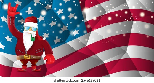 vector cool rock n roll santa claus with smoking pipe, santa beard and funky hat stands in front of american flag with snowflakes. Horizontal USA AMERICAN patriot Christmas hipster party poster design