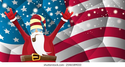 vector cool rock n roll santa claus with smoking pipe, santa beard and funky hat stands in front of american flag with snowflakes. Horizontal USA AMERICAN patriot Christmas hipster party poster design