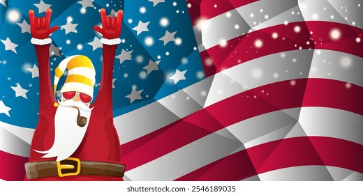 vector cool rock n roll santa claus with smoking pipe, santa beard and funky hat stands in front of american flag with snowflakes. Horizontal USA AMERICAN patriot Christmas hipster party poster design