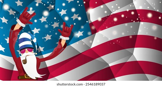 vector cool rock n roll santa claus with smoking pipe, santa beard and funky hat stands in front of american flag with snowflakes. Horizontal USA AMERICAN patriot Christmas hipster party poster design