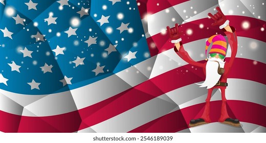 vector cool rock n roll santa claus with smoking pipe, santa beard and funky hat stands in front of american flag with snowflakes. Horizontal USA AMERICAN patriot Christmas hipster party poster design