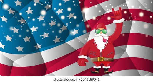 vector cool rock n roll santa claus with smoking pipe, santa beard and funky hat stands in front of american flag with snowflakes. Horizontal USA AMERICAN patriot Christmas hipster party poster design