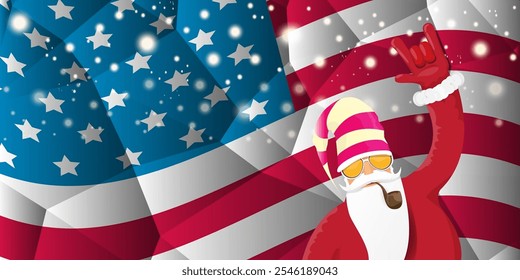 vector cool rock n roll santa claus with smoking pipe, santa beard and funky hat stands in front of american flag with snowflakes. Horizontal USA AMERICAN patriot Christmas hipster party poster design