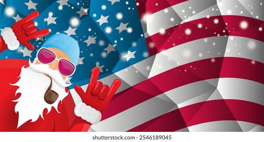 vector cool rock n roll santa claus with smoking pipe, santa beard and funky hat stands in front of american flag with snowflakes. Horizontal USA AMERICAN patriot Christmas hipster party poster design