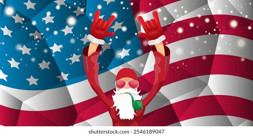 vector cool rock n roll santa claus with smoking pipe, santa beard and funky hat stands in front of american flag with snowflakes. Horizontal USA AMERICAN patriot Christmas hipster party poster design