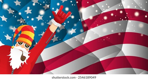 vector cool rock n roll santa claus with smoking pipe, santa beard and funky hat stands in front of american flag with snowflakes. Horizontal USA AMERICAN patriot Christmas hipster party poster design