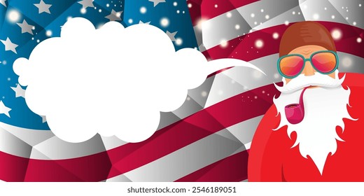 vector cool rock n roll santa claus with smoking pipe, santa beard and funky hat stands in front of american flag with snowflakes. Horizontal USA AMERICAN patriot Christmas hipster party poster design