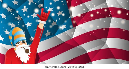 vector cool rock n roll santa claus with smoking pipe, santa beard and funky hat stands in front of american flag with snowflakes. Horizontal USA AMERICAN patriot Christmas hipster party poster design