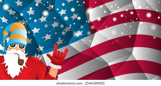 vector cool rock n roll santa claus with smoking pipe, santa beard and funky hat stands in front of american flag with snowflakes. Horizontal USA AMERICAN patriot Christmas hipster party poster design