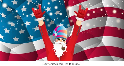 vector cool rock n roll santa claus with smoking pipe, santa beard and funky hat stands in front of american flag with snowflakes. Horizontal USA AMERICAN patriot Christmas hipster party poster design