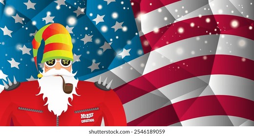 vector cool rock n roll santa claus with smoking pipe, santa beard and funky hat stands in front of american flag with snowflakes. Horizontal USA AMERICAN patriot Christmas hipster party poster design