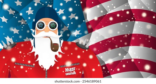 vector cool rock n roll santa claus with smoking pipe, santa beard and funky hat stands in front of american flag with snowflakes. Horizontal USA AMERICAN patriot Christmas hipster party poster design