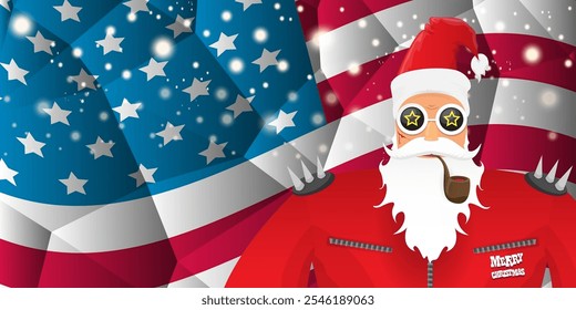 vector cool rock n roll santa claus with smoking pipe, santa beard and funky hat stands in front of american flag with snowflakes. Horizontal USA AMERICAN patriot Christmas hipster party poster design