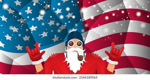 vector cool rock n roll santa claus with smoking pipe, santa beard and funky hat stands in front of american flag with snowflakes. Horizontal USA AMERICAN patriot Christmas hipster party poster design