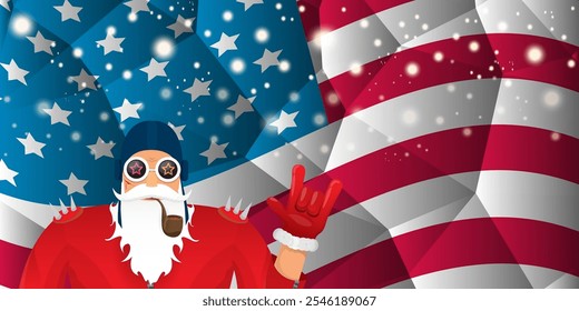 vector cool rock n roll santa claus with smoking pipe, santa beard and funky hat stands in front of american flag with snowflakes. Horizontal USA AMERICAN patriot Christmas hipster party poster design