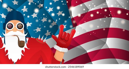 vector cool rock n roll santa claus with smoking pipe, santa beard and funky hat stands in front of american flag with snowflakes. Horizontal USA AMERICAN patriot Christmas hipster party poster design