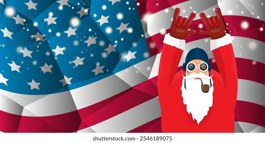 vector cool rock n roll santa claus with smoking pipe, santa beard and funky hat stands in front of american flag with snowflakes. Horizontal USA AMERICAN patriot Christmas hipster party poster design