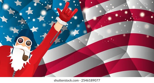 vector cool rock n roll santa claus with smoking pipe, santa beard and funky hat stands in front of american flag with snowflakes. Horizontal USA AMERICAN patriot Christmas hipster party poster design