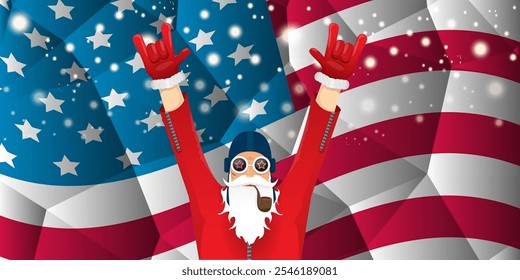 vector cool rock n roll santa claus with smoking pipe, santa beard and funky hat stands in front of american flag with snowflakes. Horizontal USA AMERICAN patriot Christmas hipster party poster design