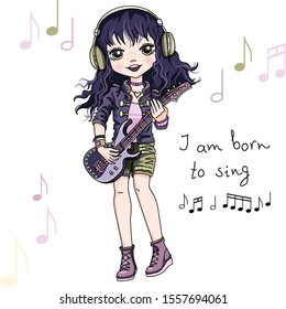 Vector cool rock star brunette baby girl musician in headphones playing guitar. I am born to sing slogan