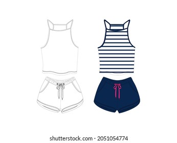 vector cool set with blouse and shorts with pocket clothing fashion sketch illustration apparel white blue  isolated white background