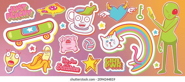 Vector, cool set, collection of bright, fashionable stickers with crazy alien characters, strange rainbow cat, pig, banana, pizza, light bulb, hearts with wings, stars, key. Youth, neon background.