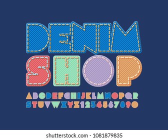 Vector cool sign Denim Shop. Jeans texture Font. Stylish Alphabet Letters and Numbers for Fashion store